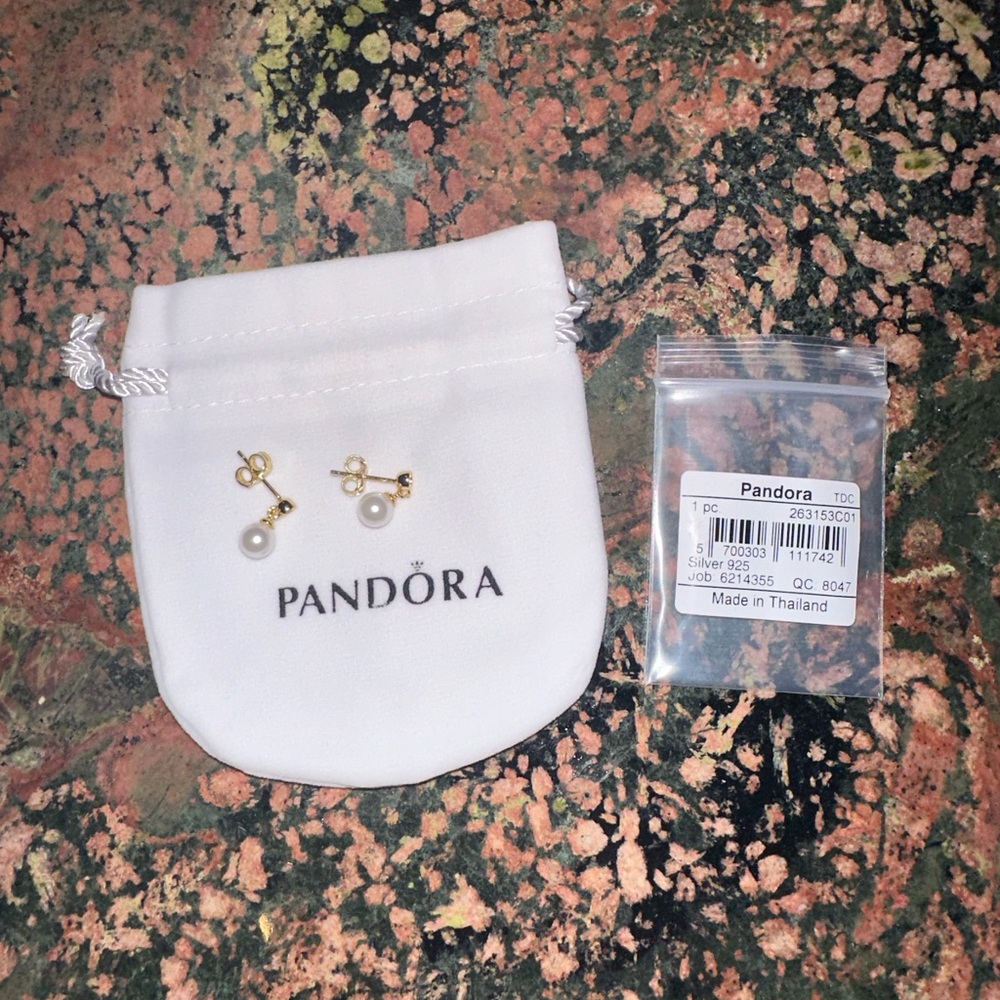 Pandora Treated Freshwater Cultured Pearl & Stone Drop 14k Gold Earrings NEW - Picture 7 of 7